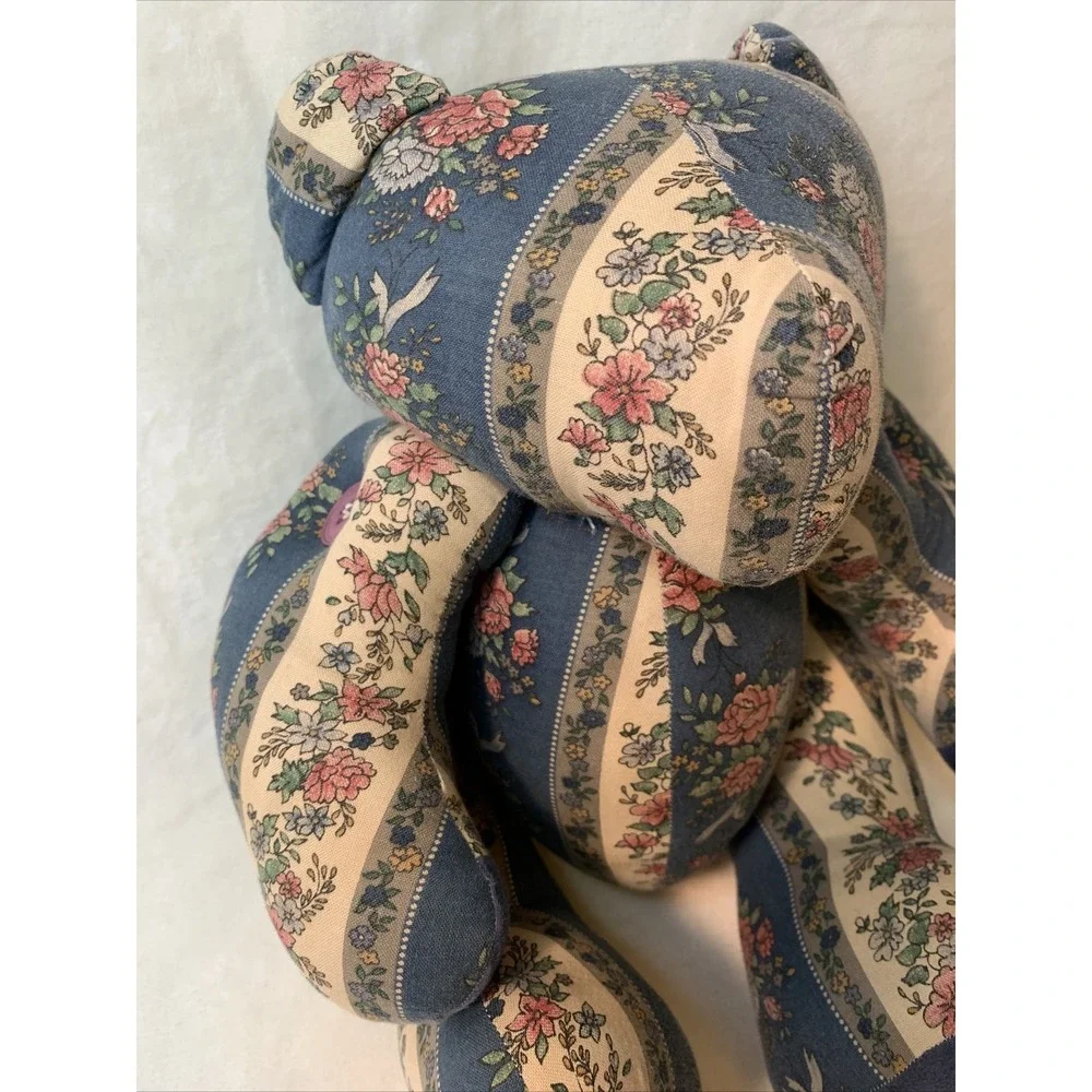 Vintage Patchwork Teddy Bear Stuffed Plush Floral Jointed Poseable Quilt Button - Picture 2 of 12
